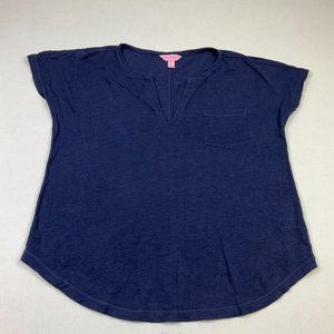Lilly Pulitzer Womens Linen Top Blue V-Neck Cap Short Sleeve Logo Shirt S Small
